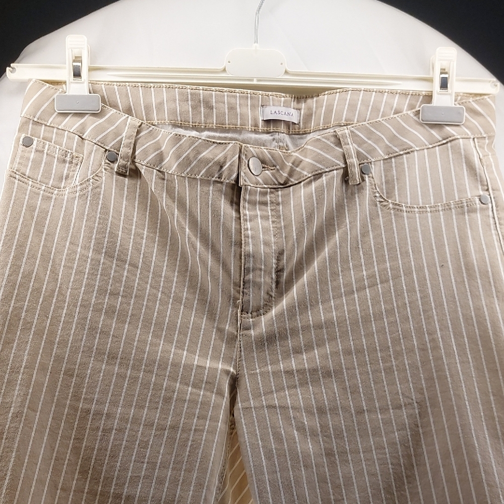 Tan and White Straight Leg Pants with Subtle Stripes